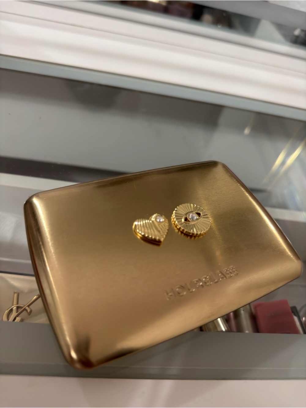 Hourglass Gold Heart and Sunburst Stud Earrings with Clear Crystal